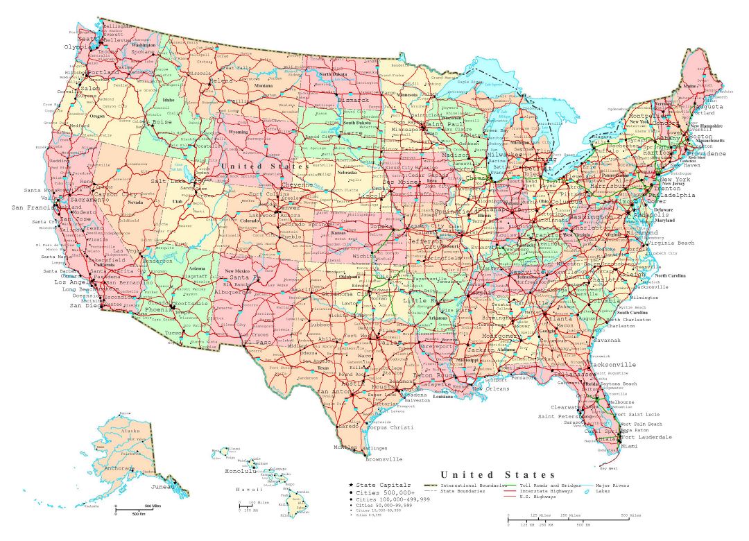 Large detailed administrative map of the USA with highways and major cities