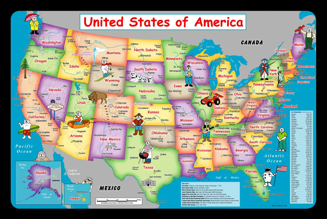 Large detailed kids map of the USA
