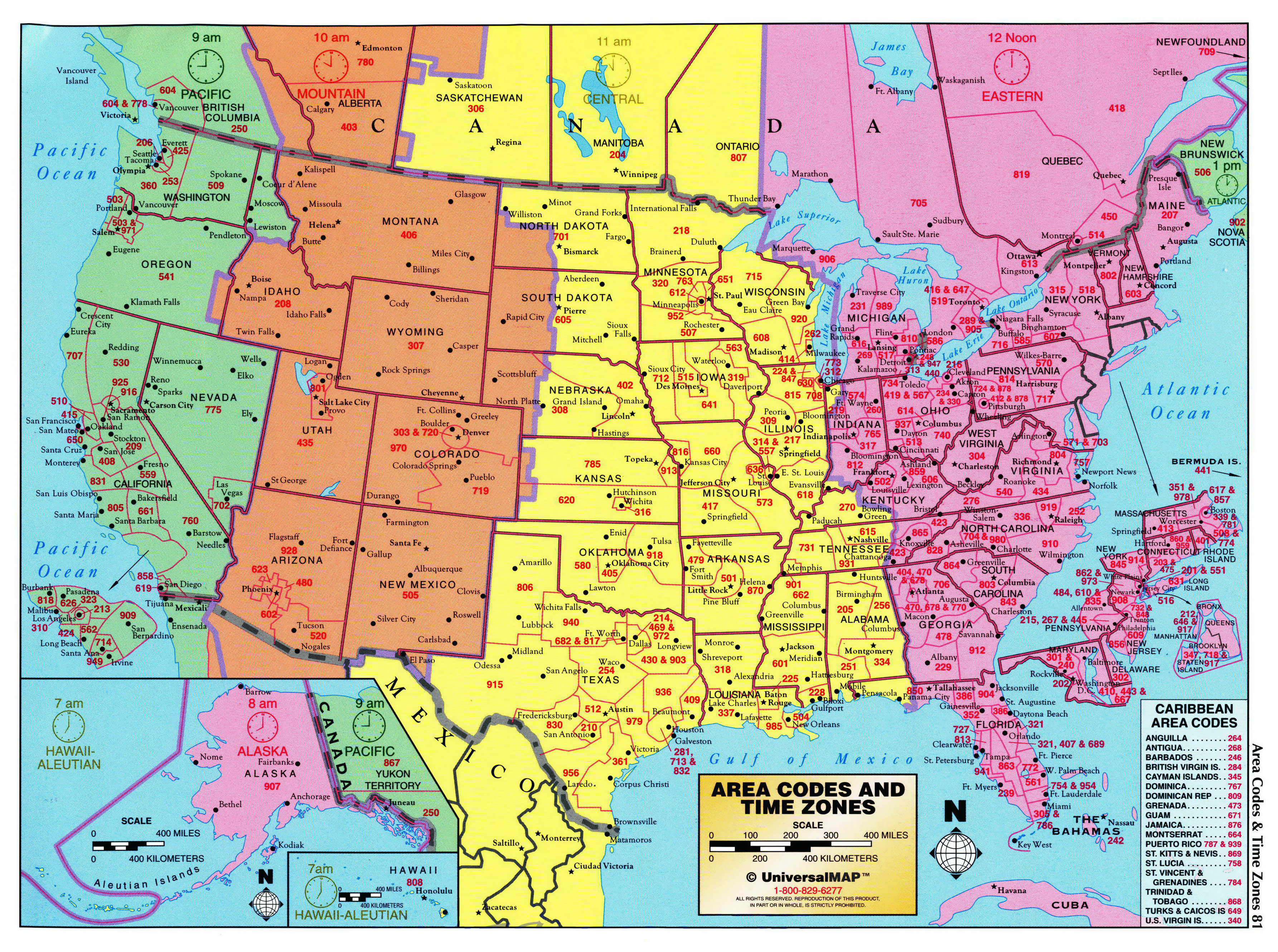 Large detailed map of area codes and time zones of the USA | USA | Maps