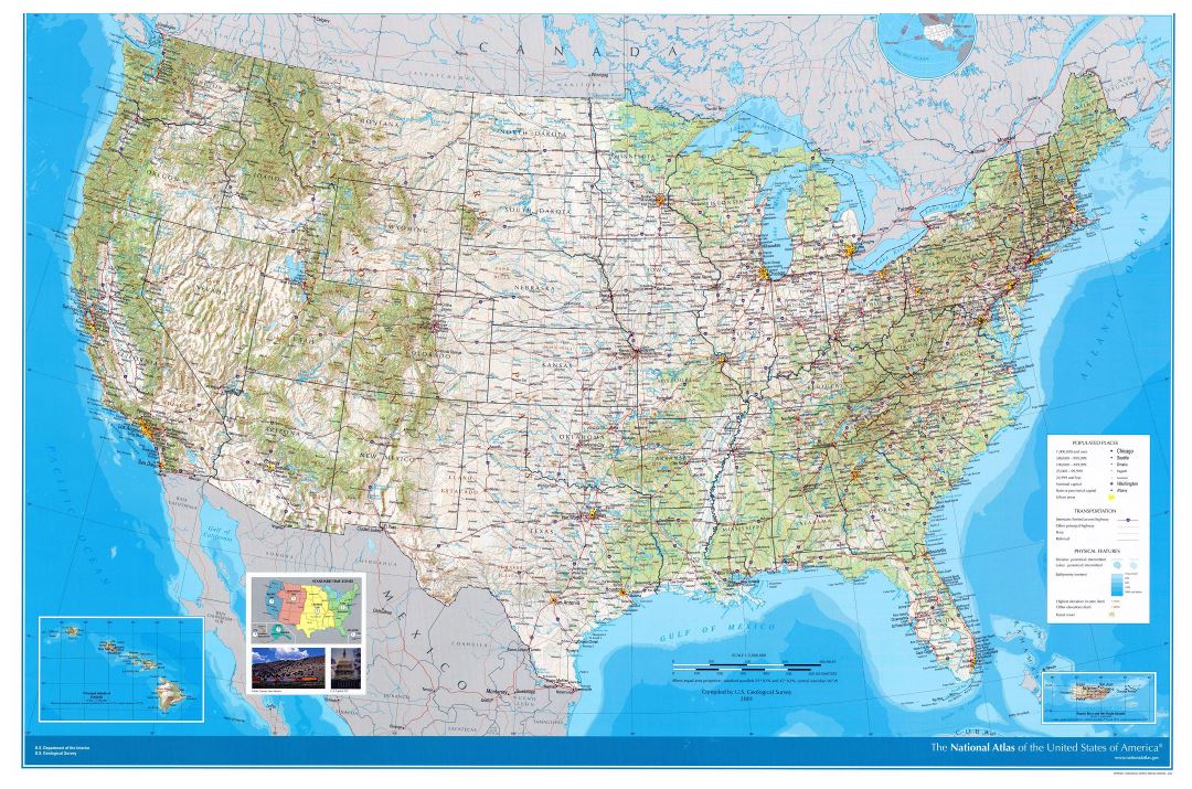 Large detailed road and topographical map of the USA