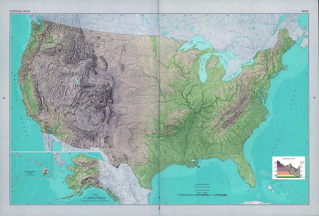 Large detailed shaded relief map of the USA