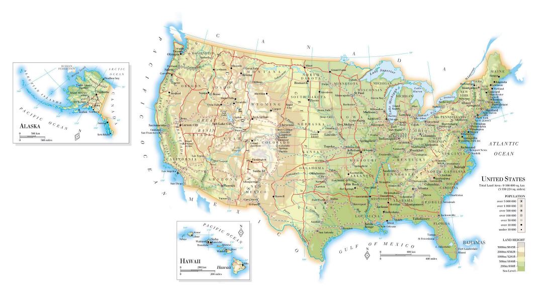 Large elevation map of the USA with roads, major cities and airports