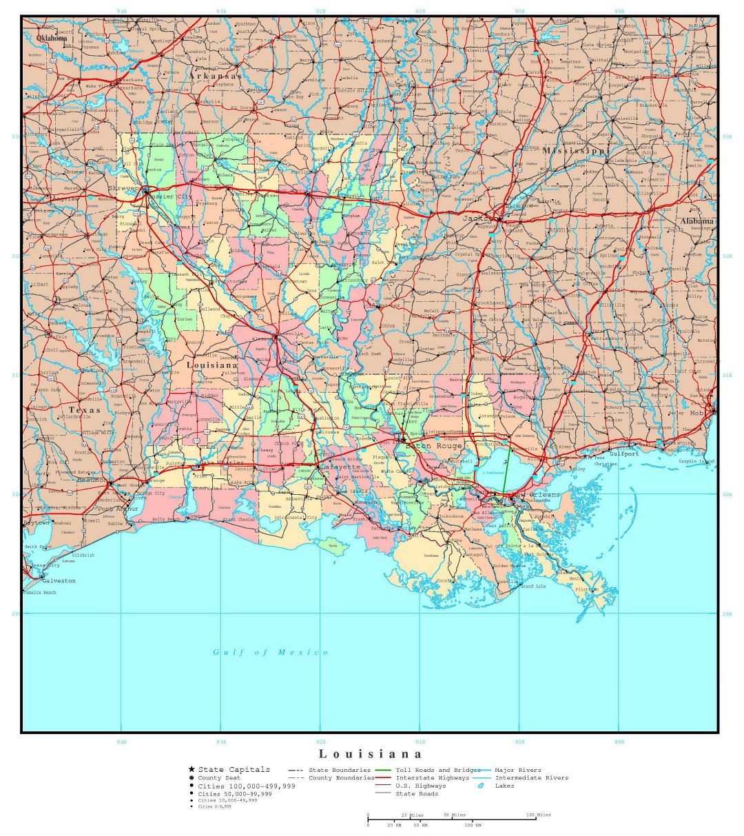 Large detailed administrative map of Louisiana state with roads, highways and major cities