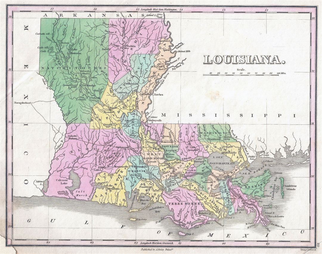 Large detailed old administrative map of Louisiana state - 1827