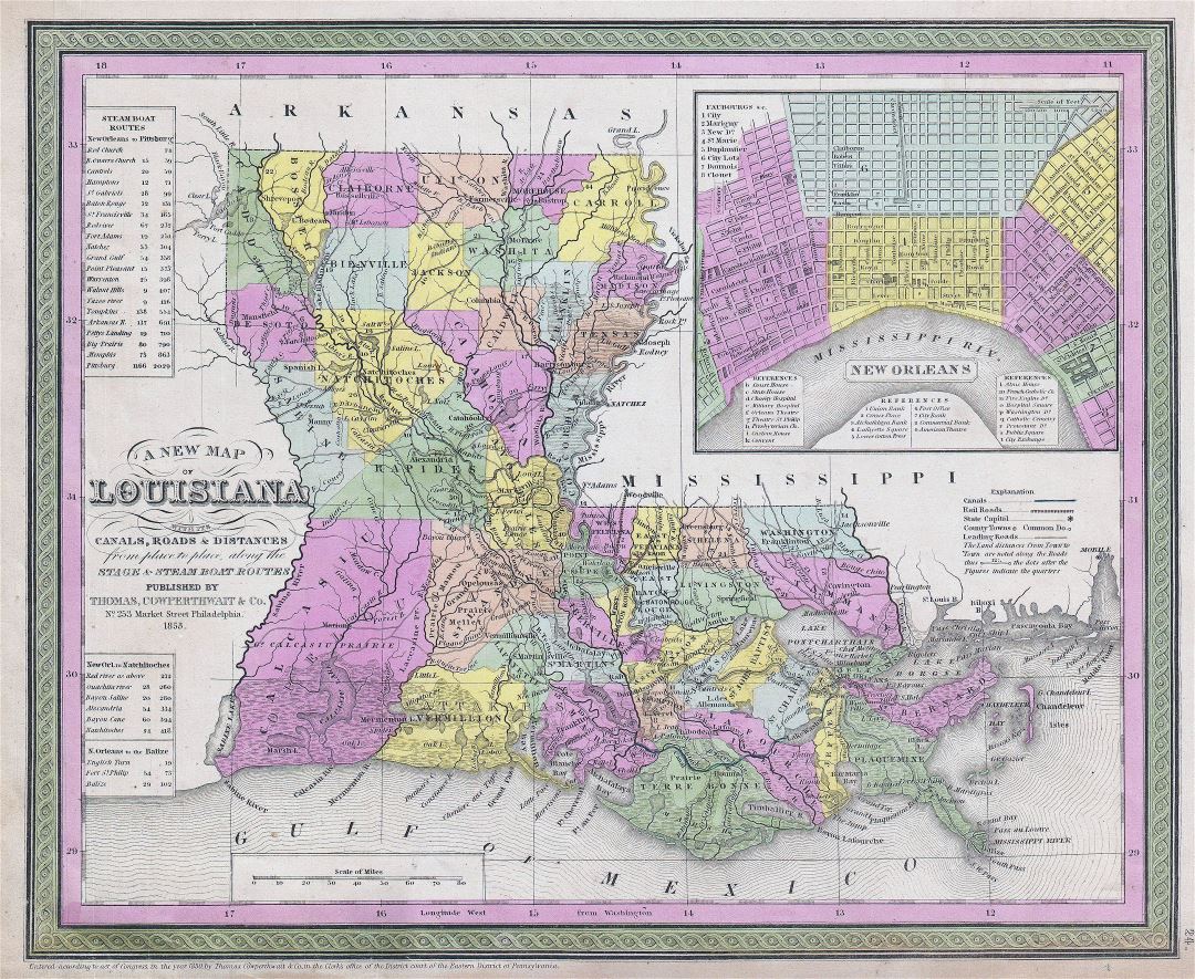 Large detailed old administrative map of Louisiana state - 1850