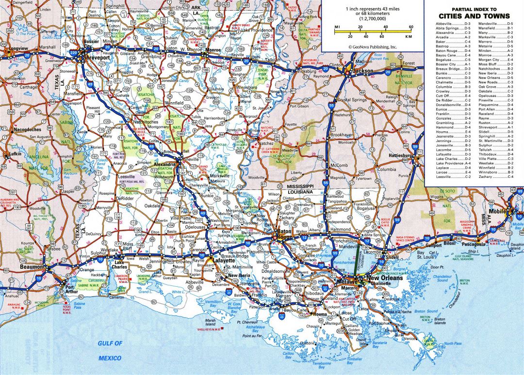 Large detailed roads and highways map of Louisiana state with all cities and national parks