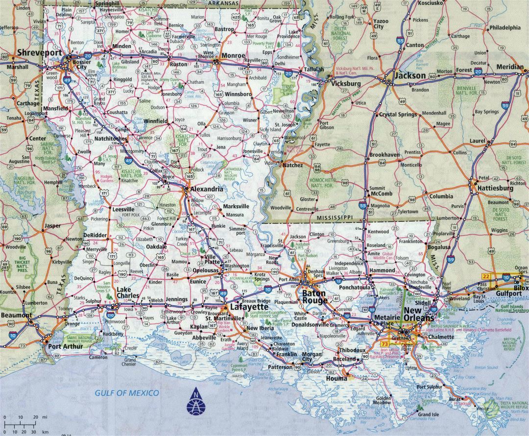 Large detailed roads and highways map of Louisiana state with all cities