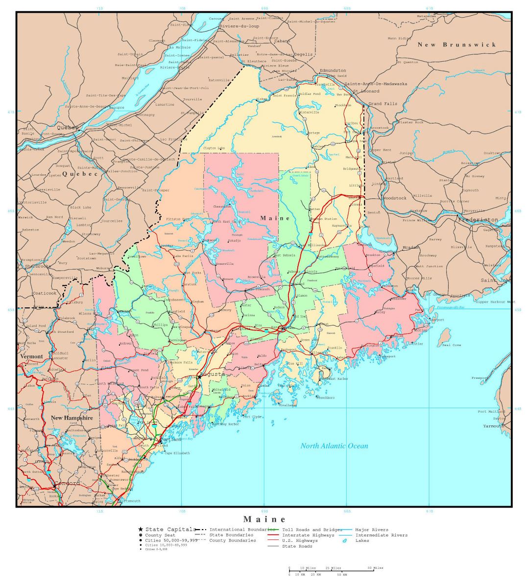 Large detailed administrative map of Maine state with roads, highways and major cities