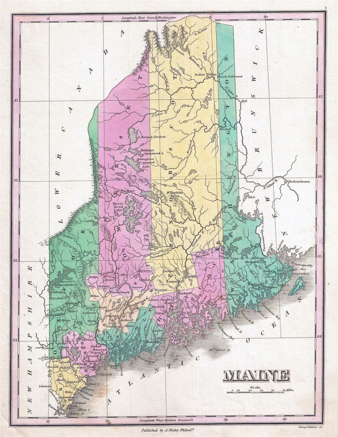 Large detailed old administrative map of Maine state - 1827