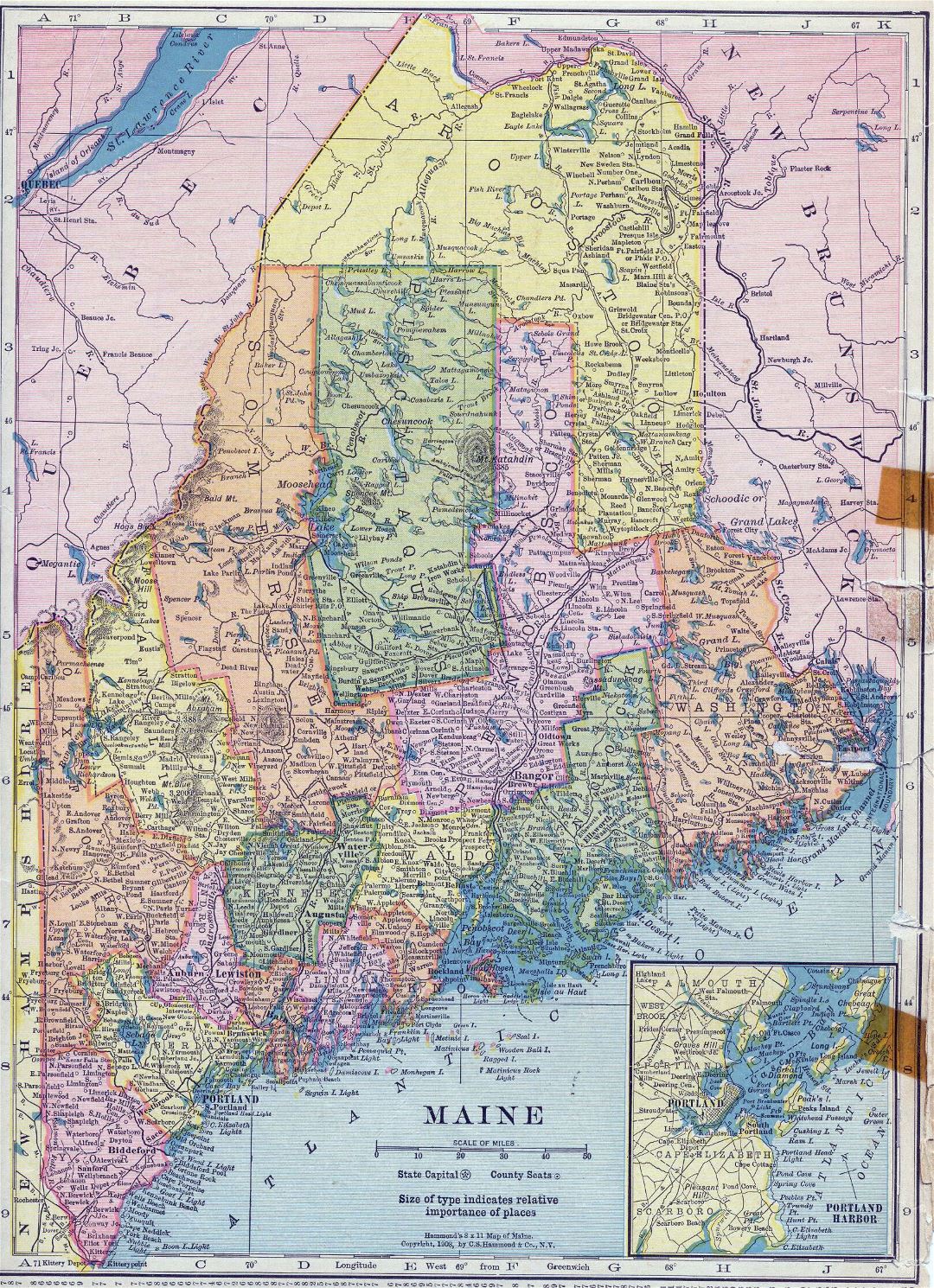 Large detailed old administrative map of Maine state with roads and cities - 1910