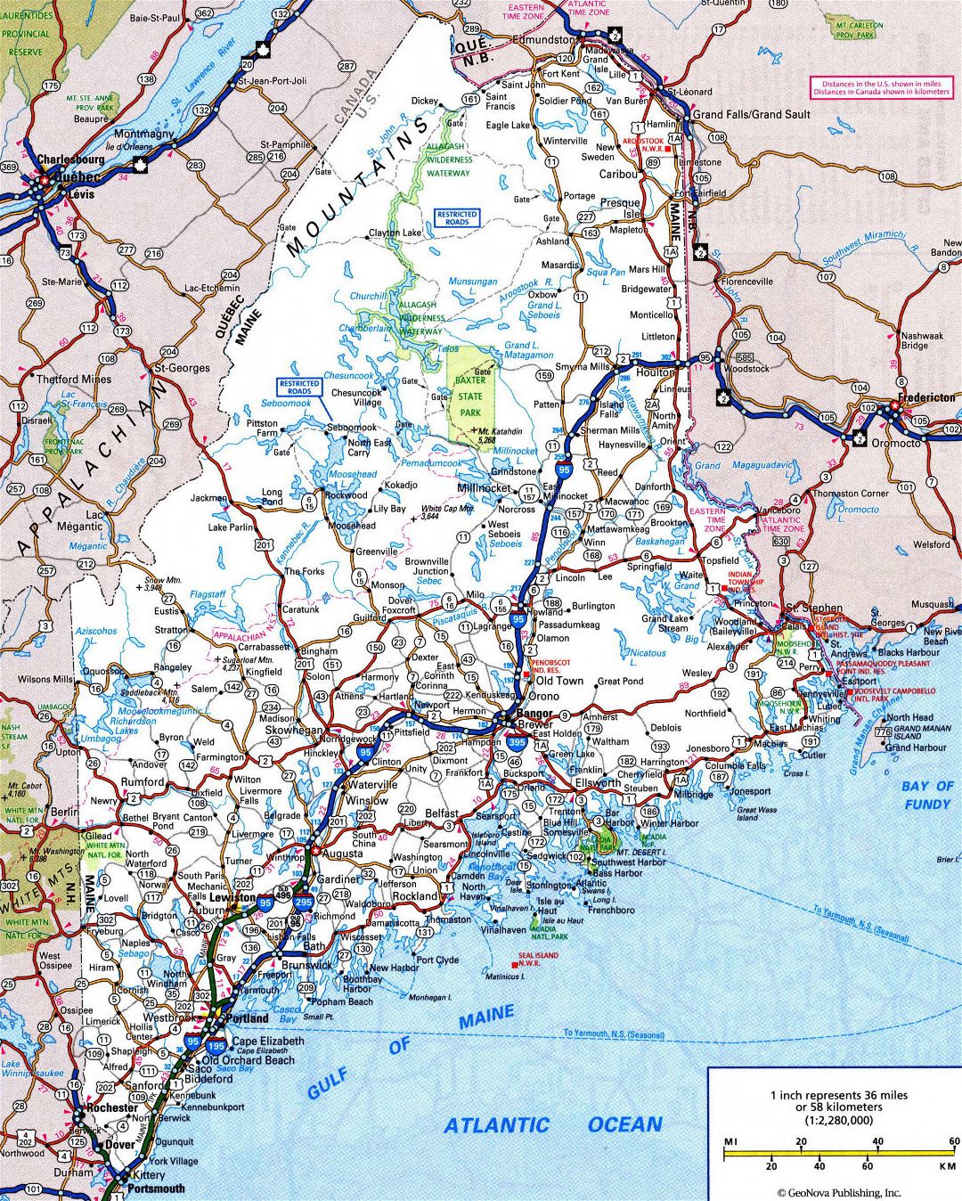 Large detailed roads and highways map of Maine state with all cities and national parks