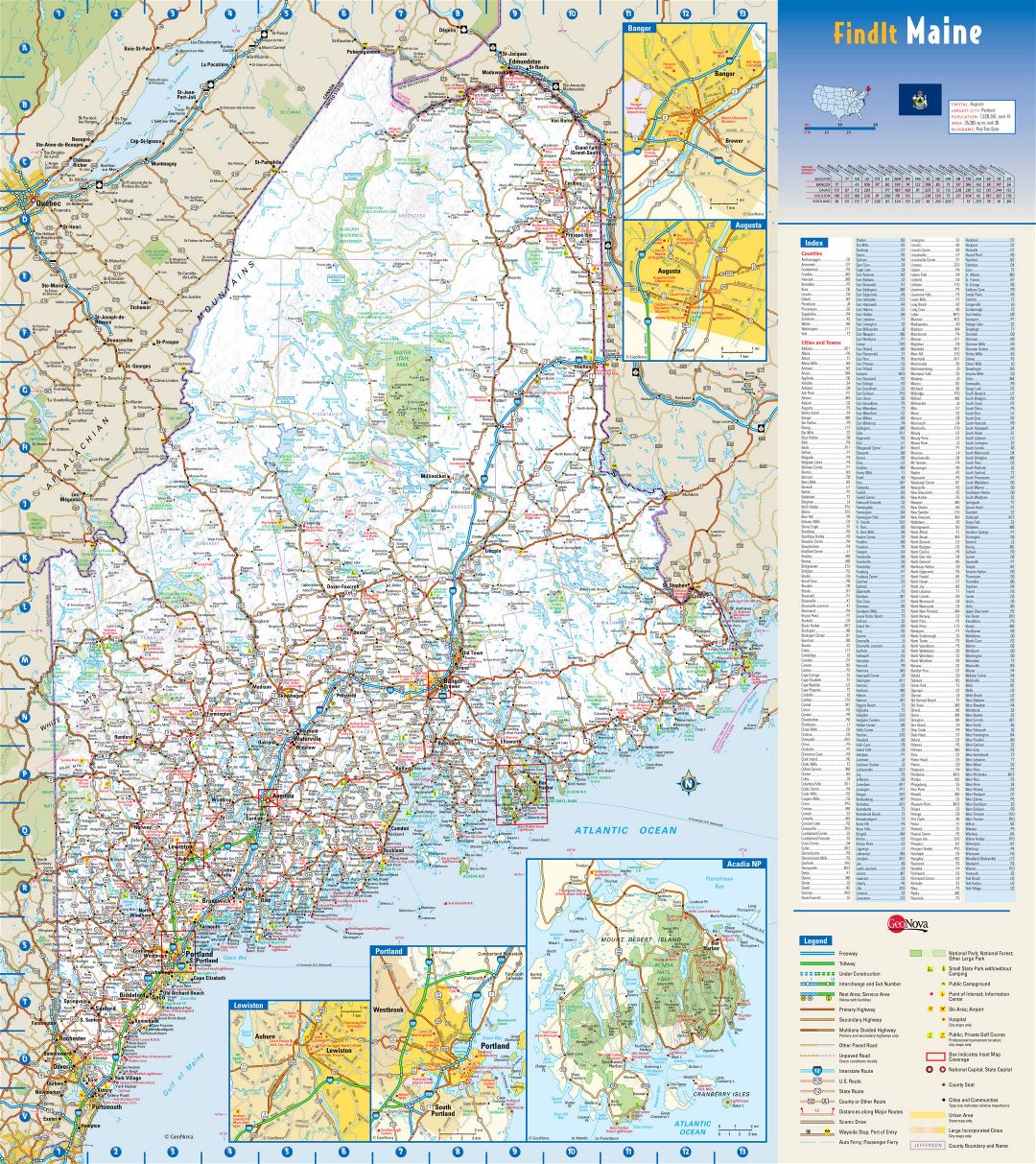Large detailed roads and highways map of Maine state with national parks all cities towns and villages