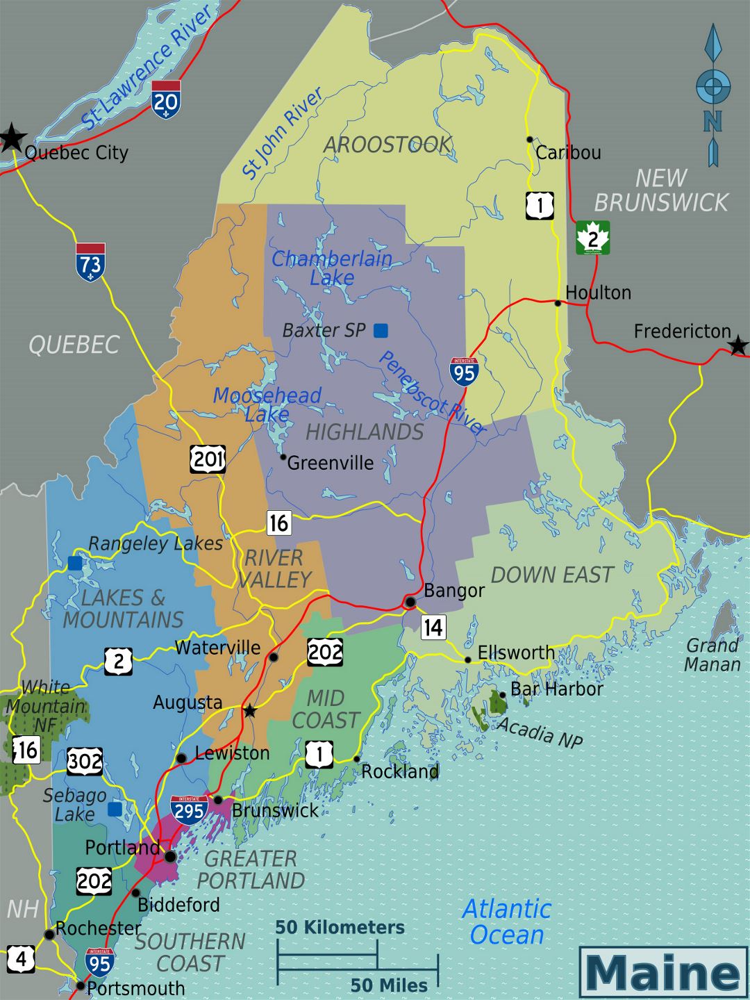 Large regions map of Maine state