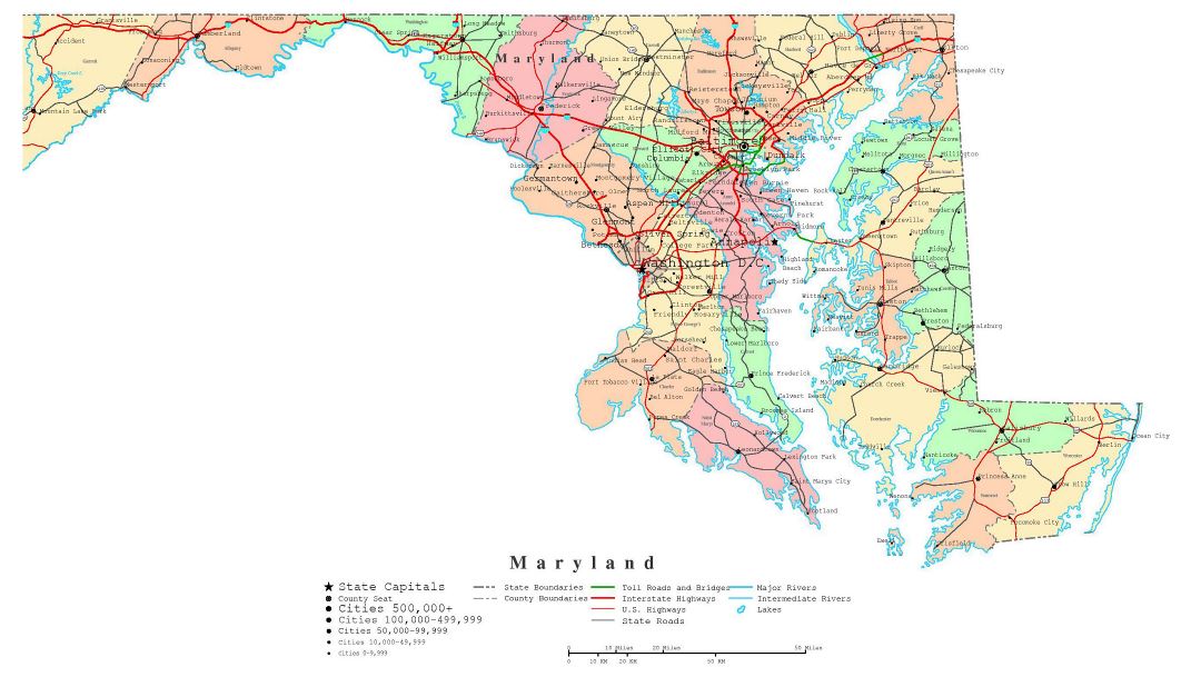 Large detailed administrative map of Maryland state with roads, highways and cities