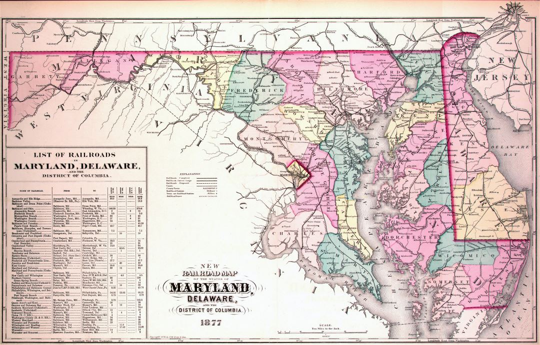 Large detailed old administrative map of Maryland and Delaware with railroads - 1877