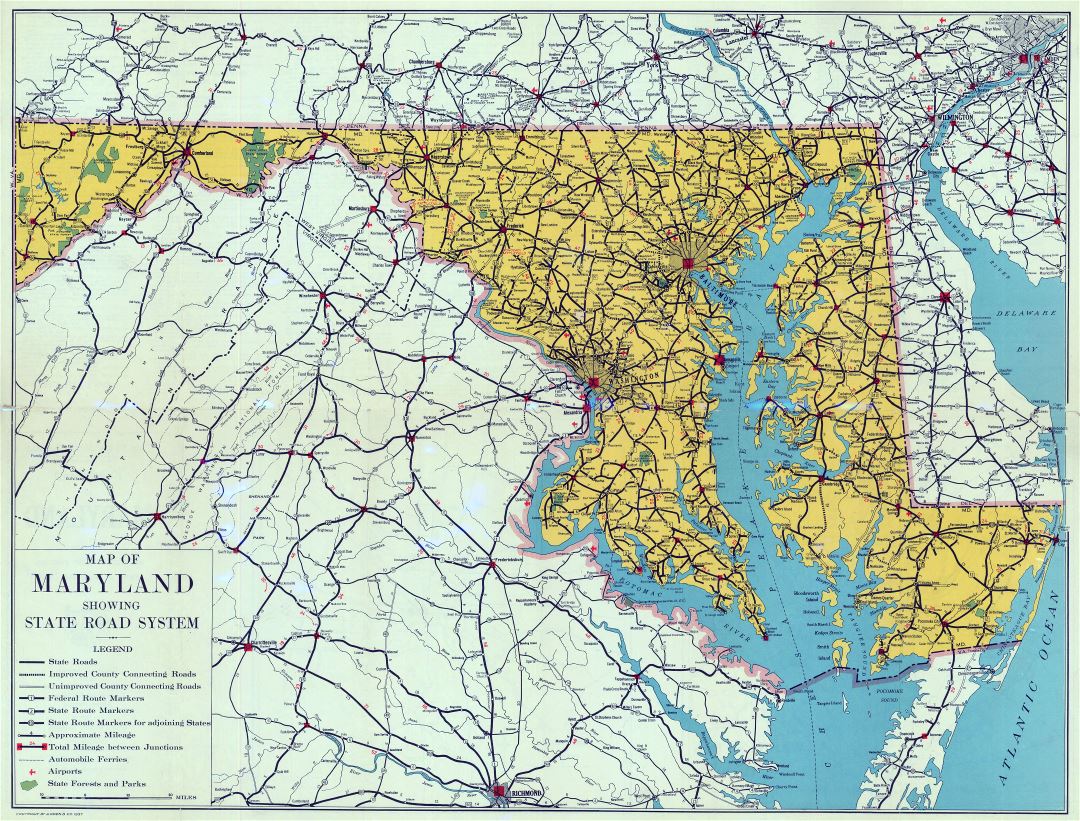 Large detailed old road sysytem map of Maryland state - 1937