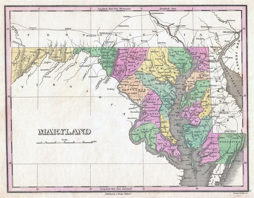 Large old administrative map of Maryland state with cities - 1827