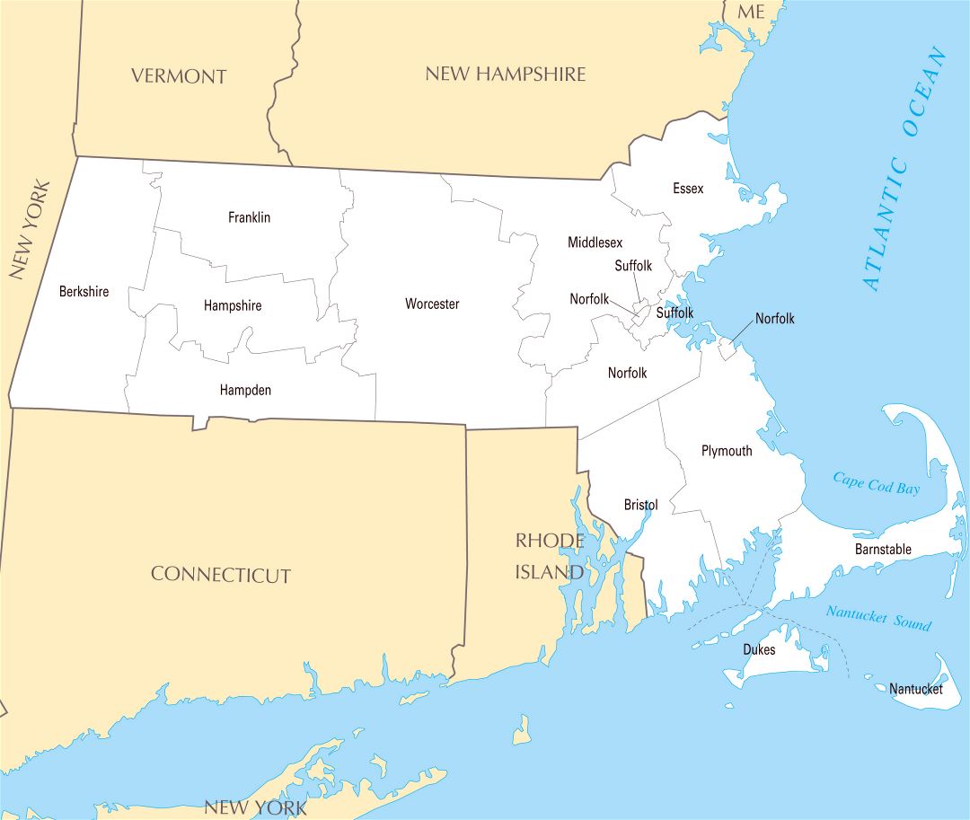 Large administrative map of Massachusetts state
