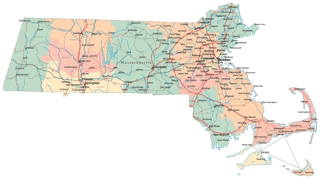 Large administrative map of Massachusetts state with roads, highways and cities