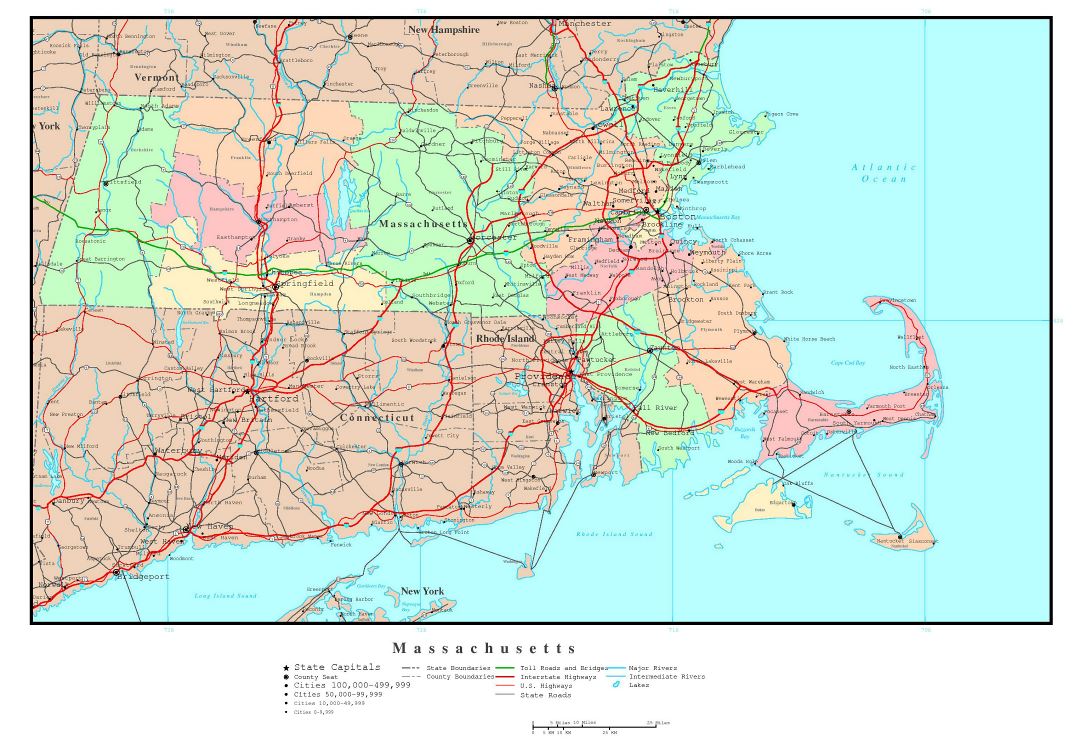 Large detailed administrative map of Massachusetts state with roads, highways and major cities
