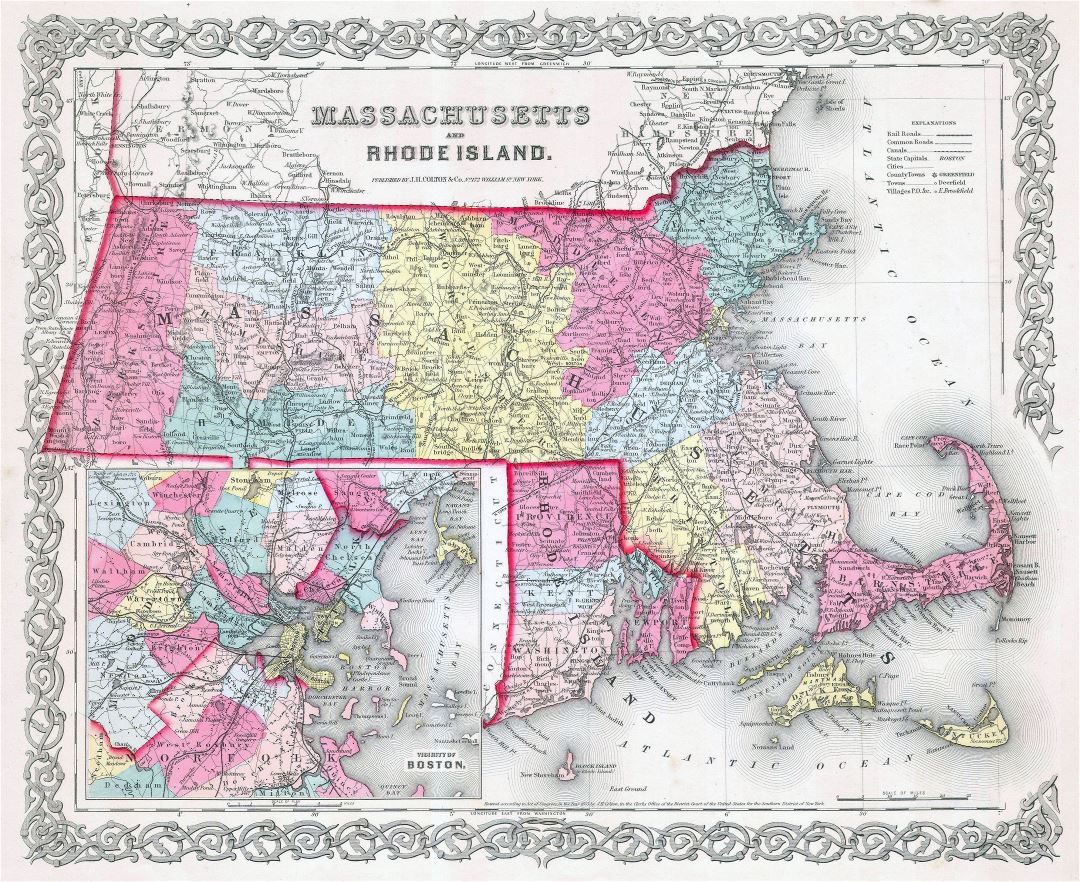 Large detailed old administrative map of Massachusetts and Rhode Island states with roads, railroads and cities - 1855