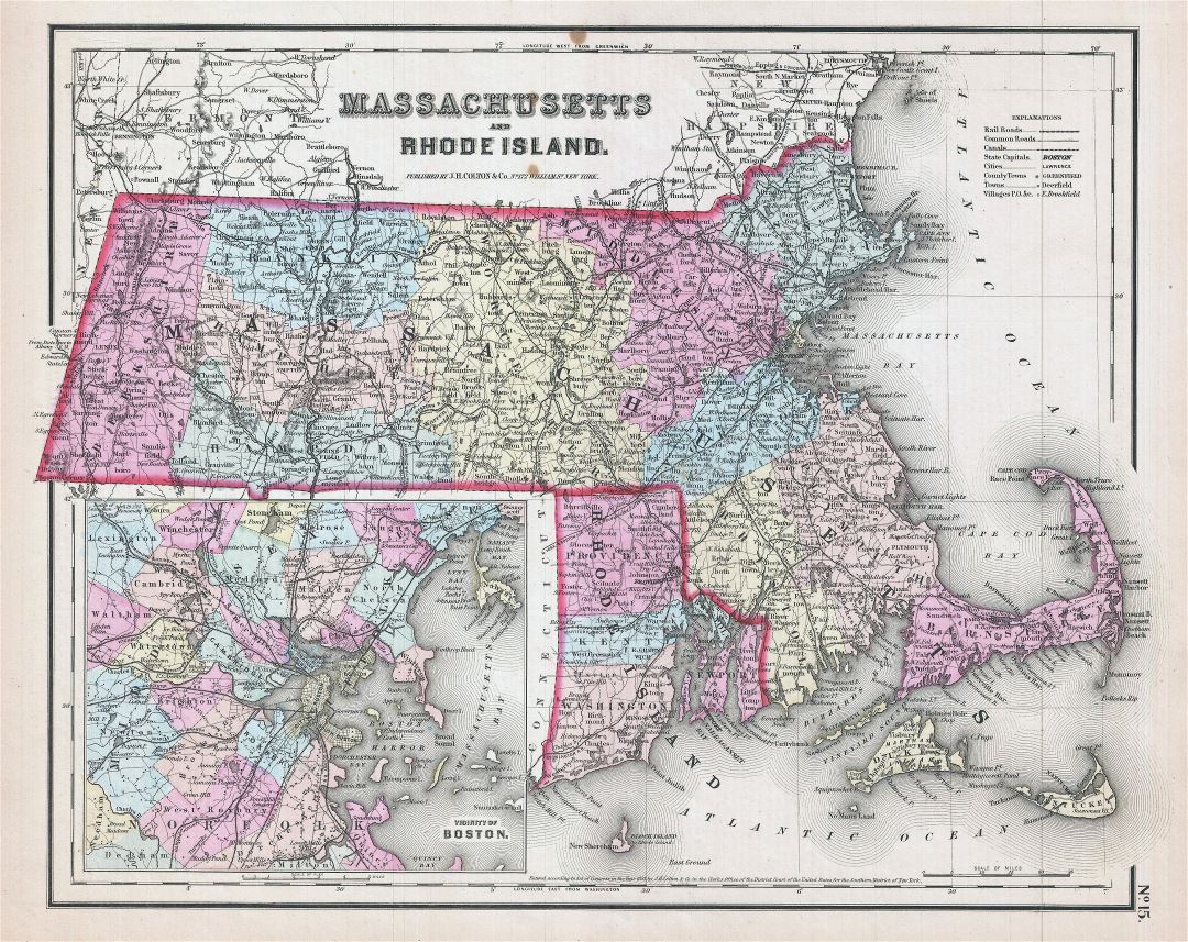 Large detailed old administrative map of Massachusetts and Rhode Island with roads, railroads and cities - 1857