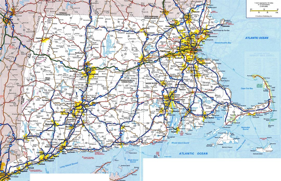 Large detailed roads and highways map of Massachusetts, Connecticut and Rhode Island with all cities and national parks
