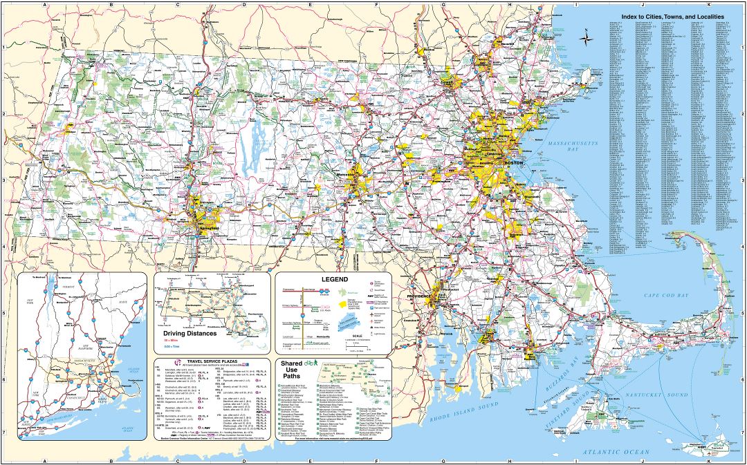 Large detailed roads and highways map of Massachusetts state with all cities, airports and national parks