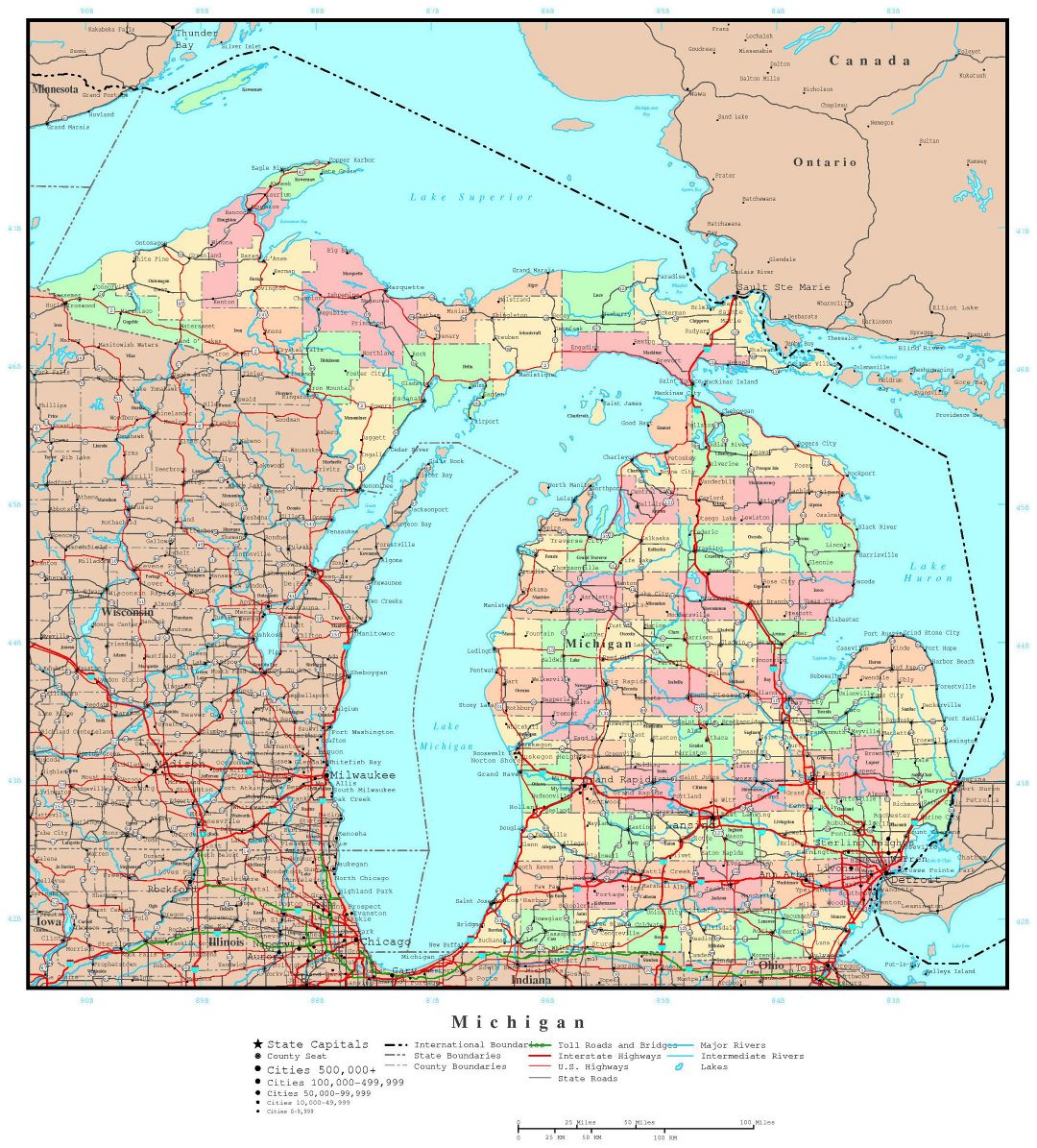 Large detailed administrative map of Michigan state with roads, highways and major cities