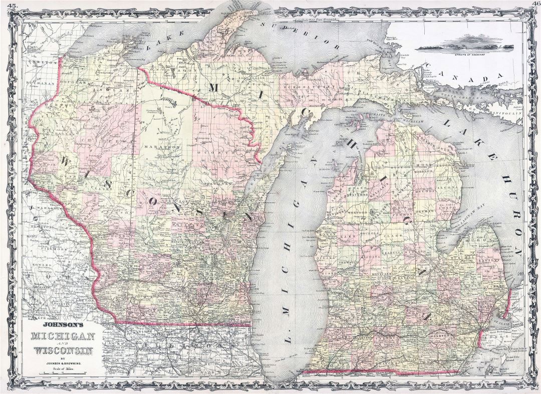 Large old administrative map of Michigan and Wisconsin states