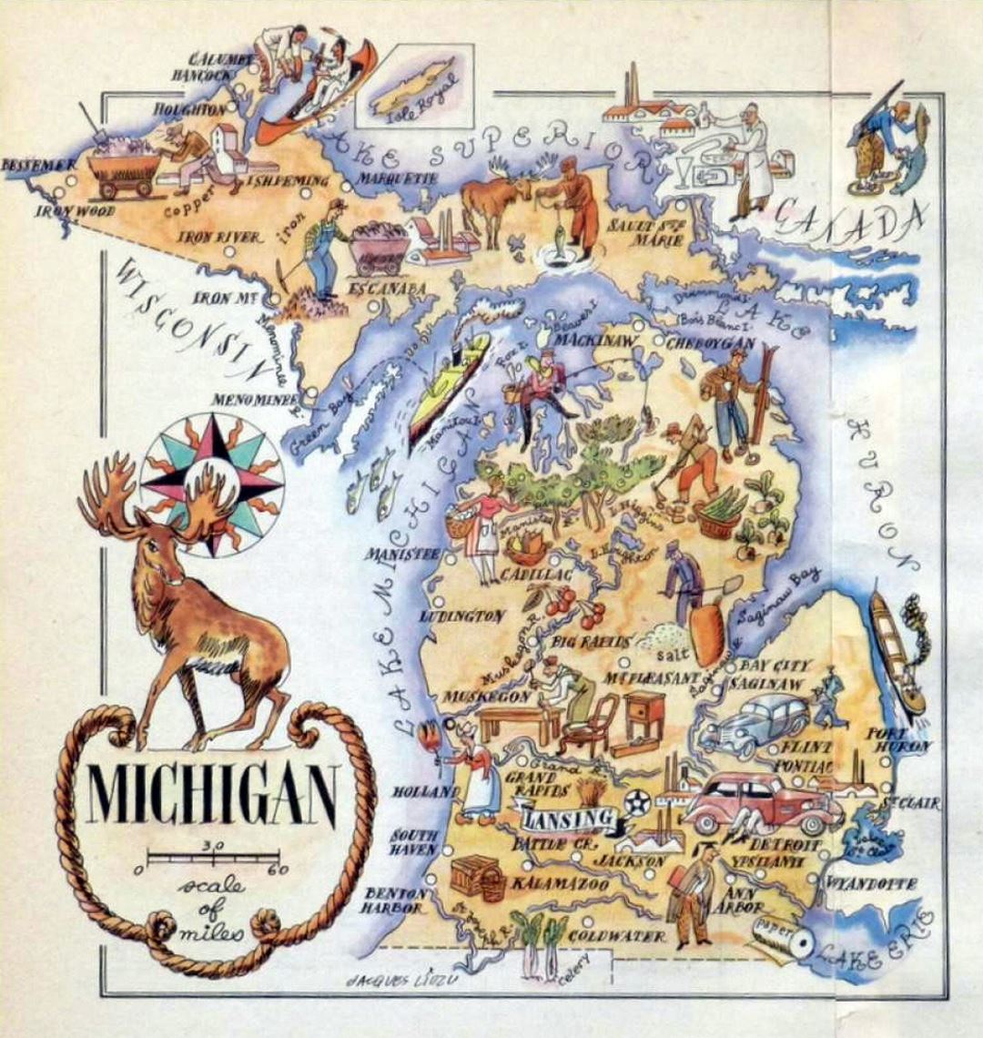 Old illustrated travel map of Michigan state - 1946