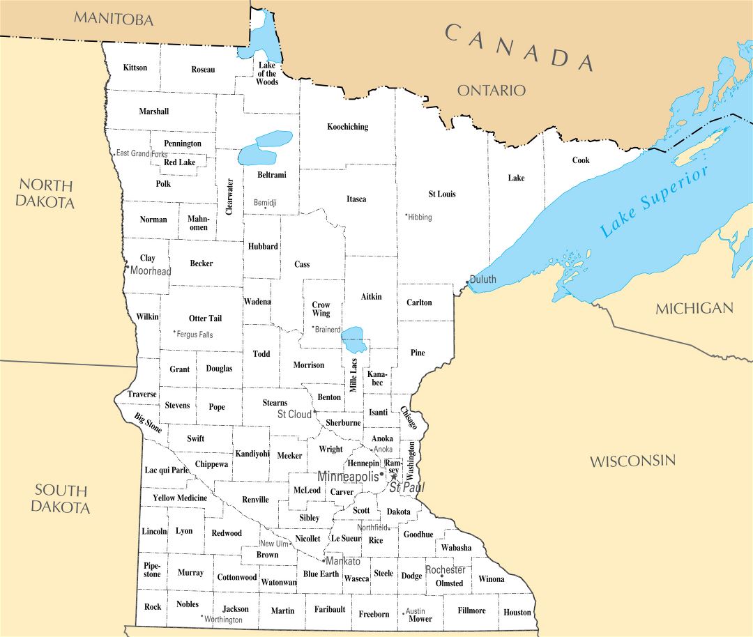 Large administrative map of Minnesota state