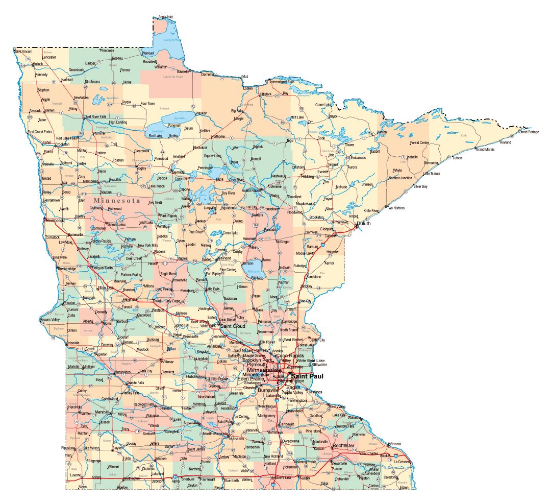 Large administrative map of Minnesota state with roads, highways and cities