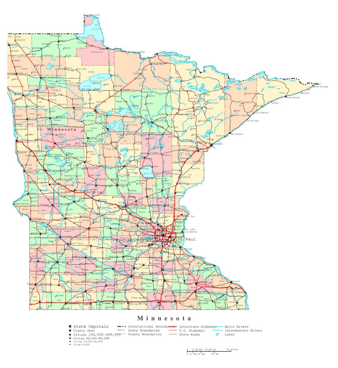 Large detailed administrative map of Minnesota state with roads, highways and cities