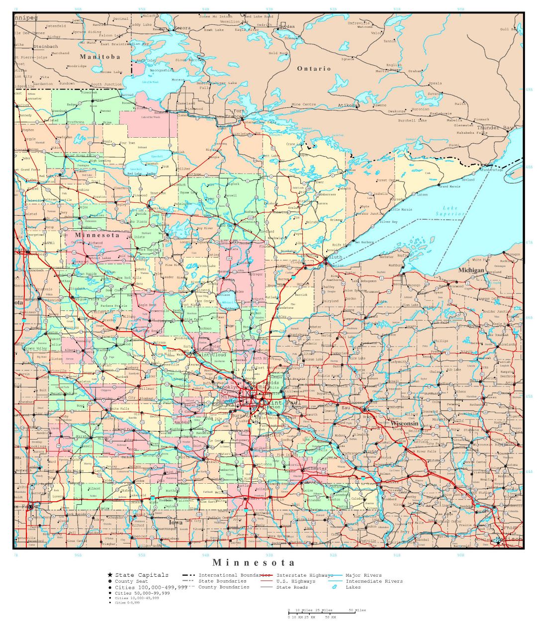 Large detailed administrative map of Minnesota state with roads, highways and major cities