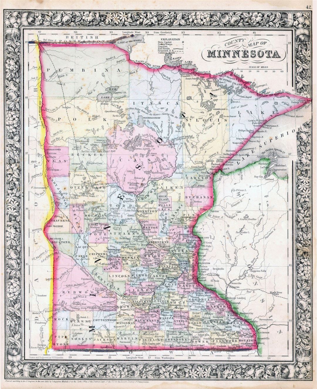 Large detailed old administrative map of Minnesota state with relief, roads, railroads and cities - 1864