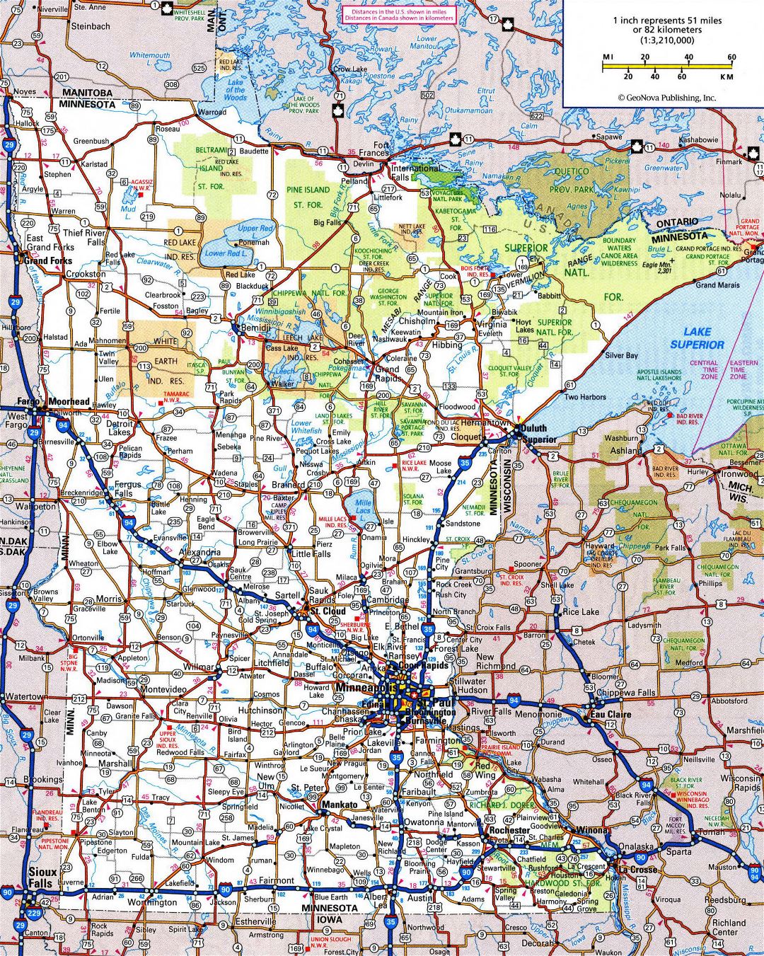 Large detailed roads and highways map of Minnesota state with all cities and national parks