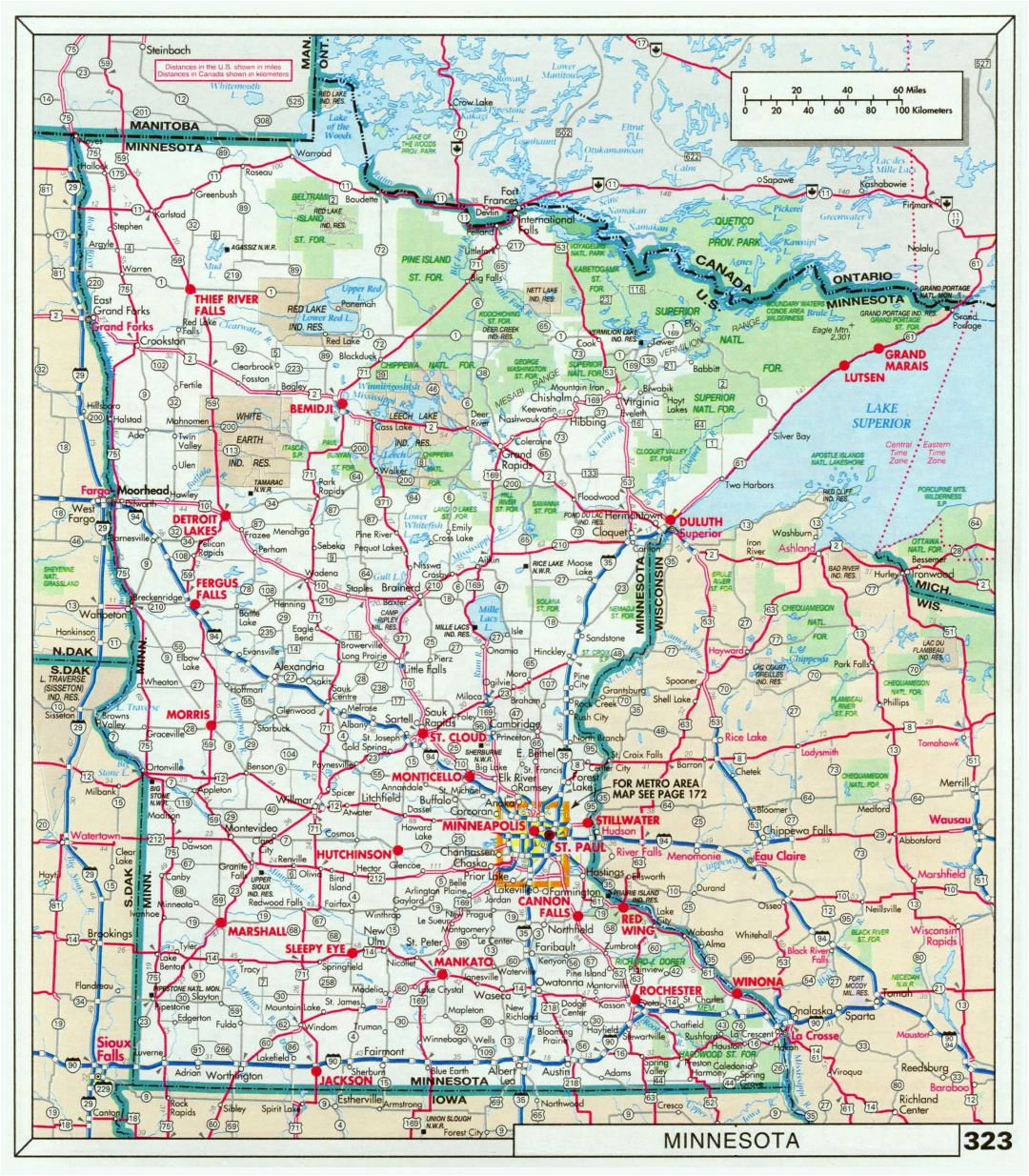 Large detailed roads and highways map of Minnesota state with national parks and cities