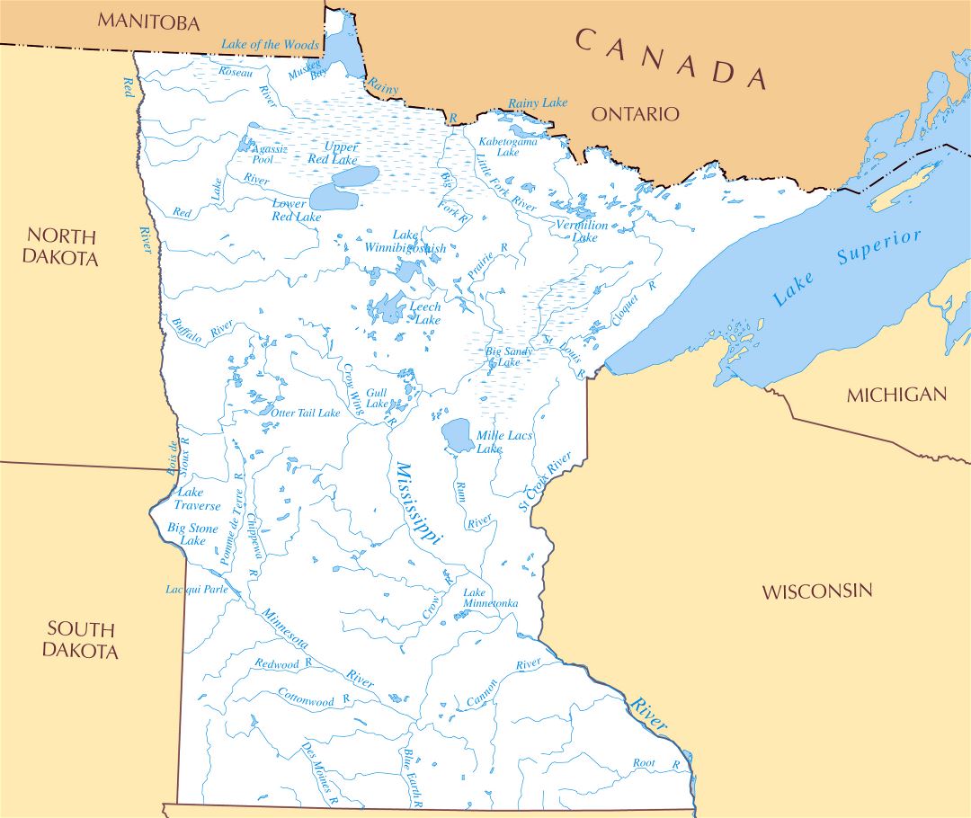 Large rivers and lakes map of Minnesota state