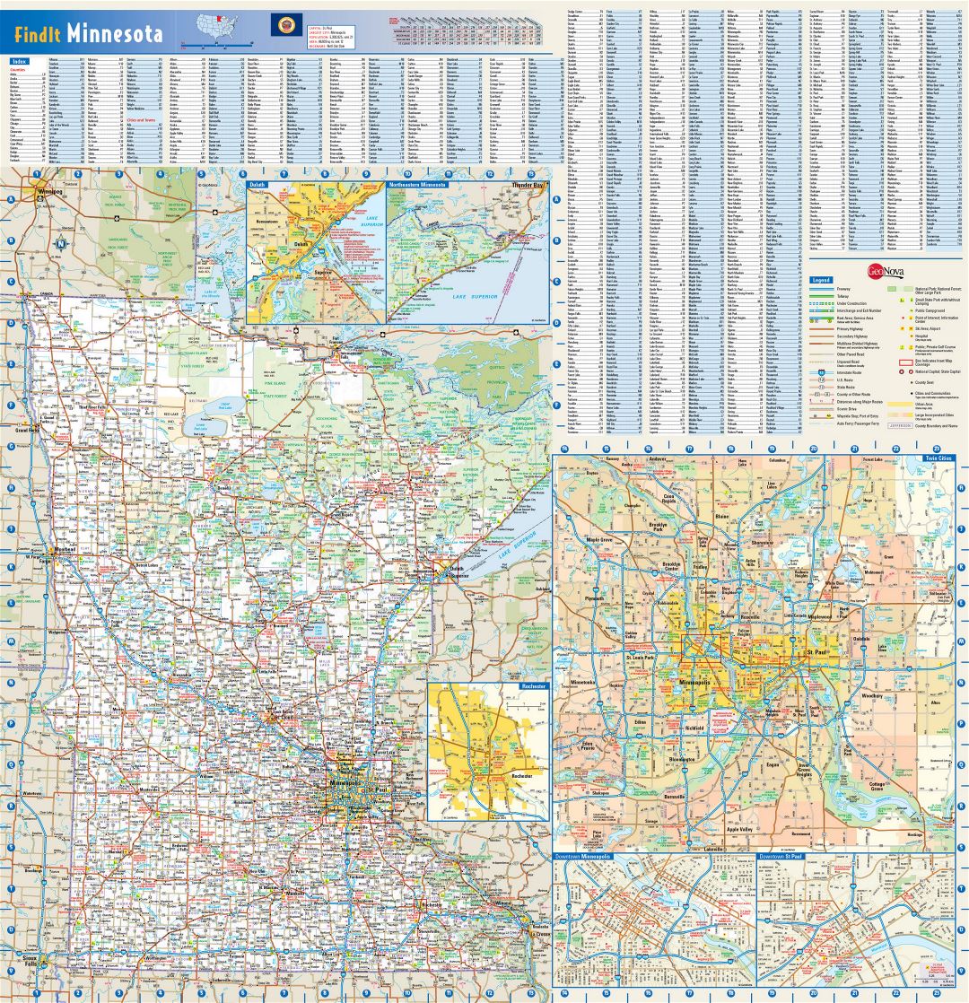 Large roads and highways map of Minnesota state with national parks, all cities, towns and villages