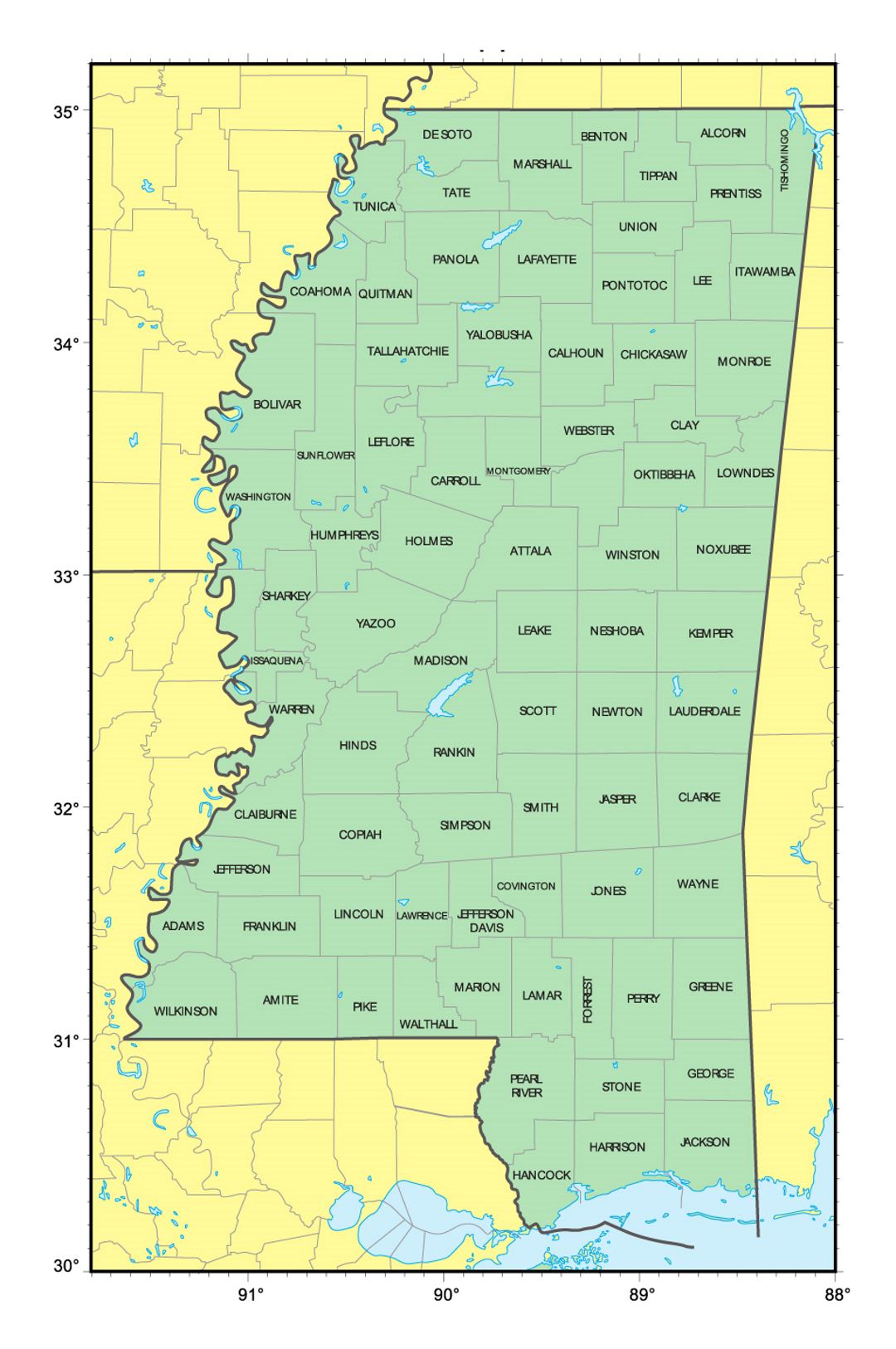Detailed administrative map of Mississippi state