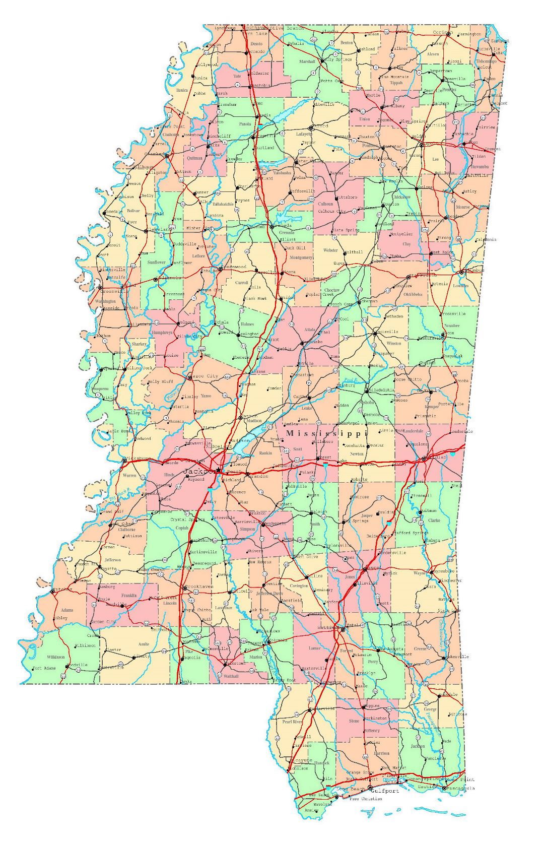 Large detailed administrative map of Mississippi state with roads, highways and cities