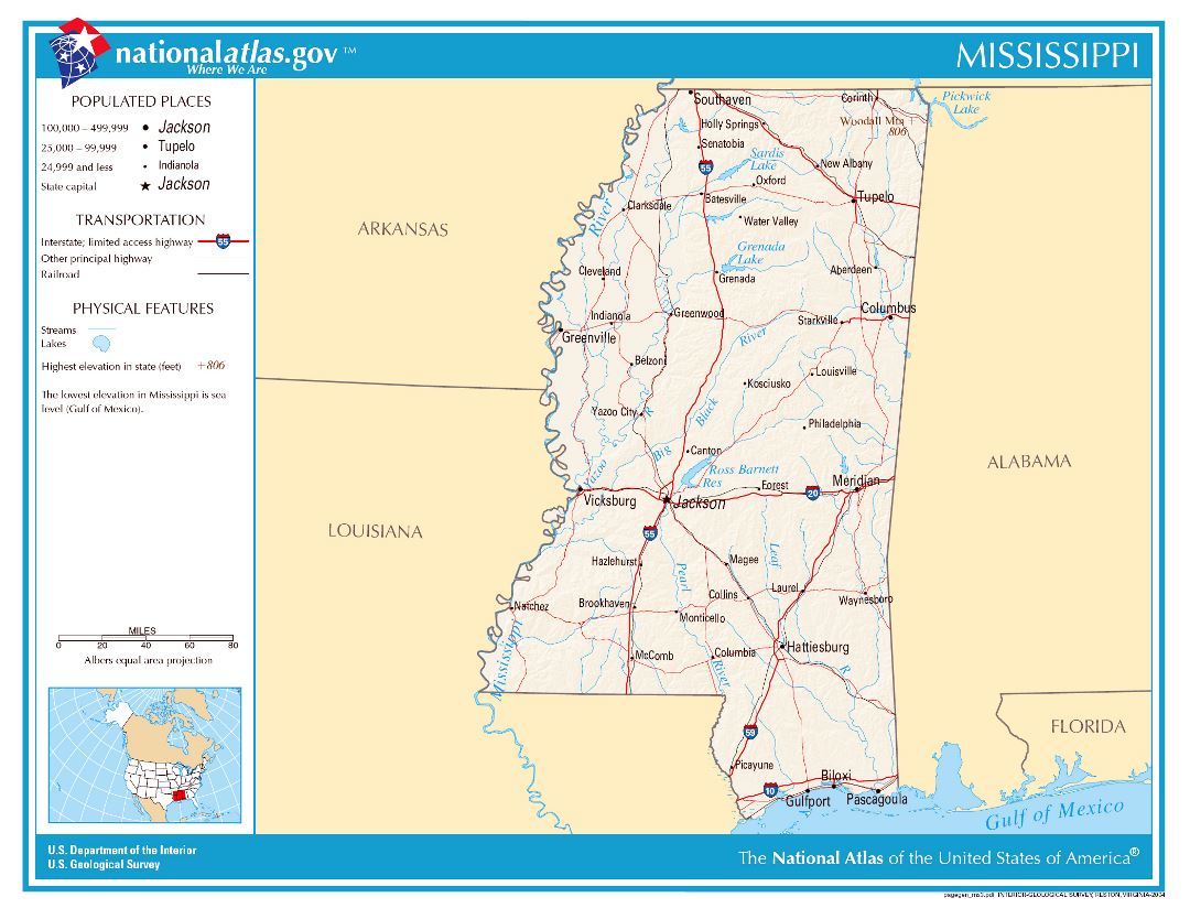 Large detailed map of Mississippi state