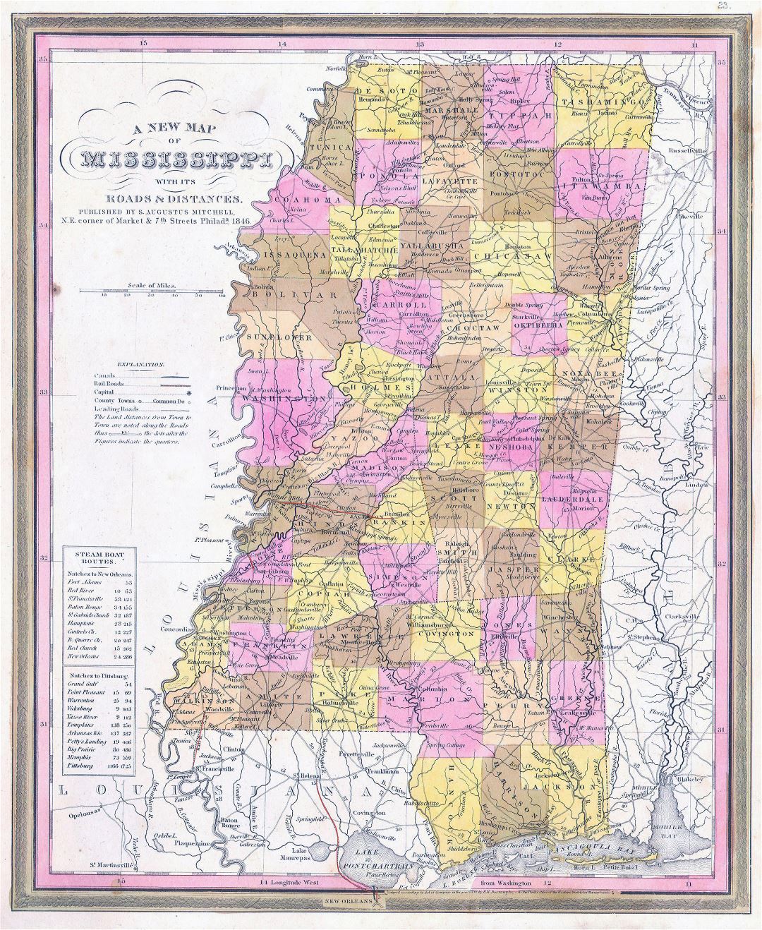 Large detailed old administrative map of Mississippi state with roads, railroads and cities - 1846