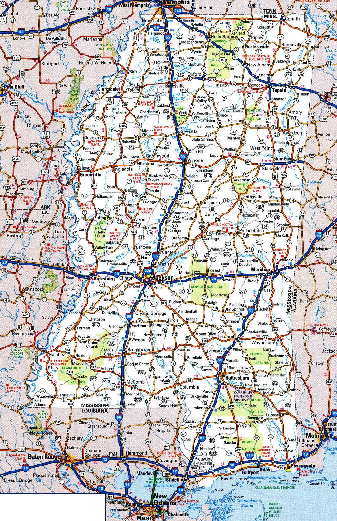 Large detailed roads and highways map of Mississippi state with all cities and national parks