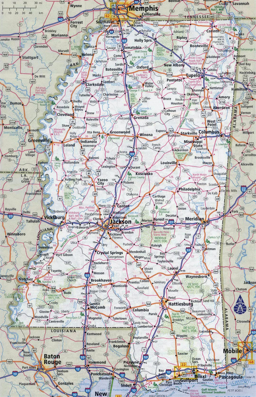 Large detailed roads and highways map of Mississippi state with all cities