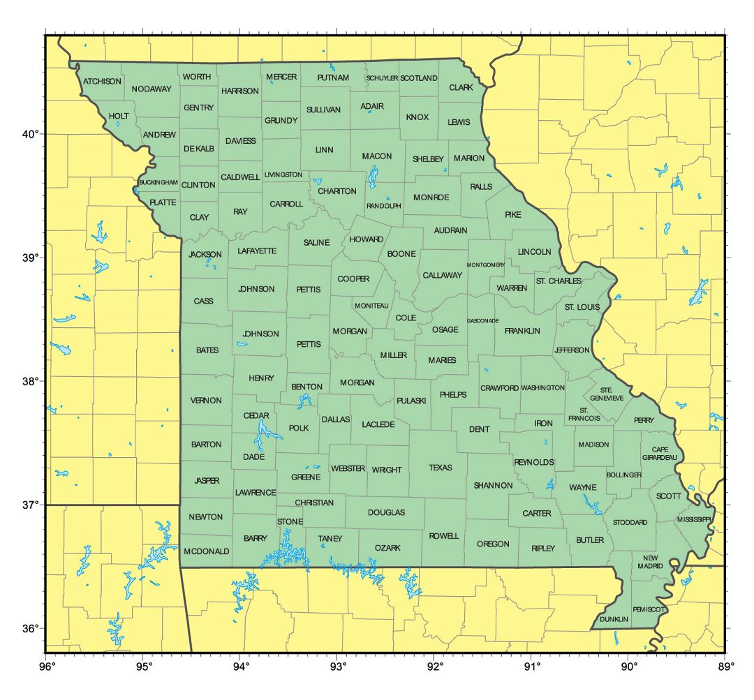Detailed administrative map of Missouri state