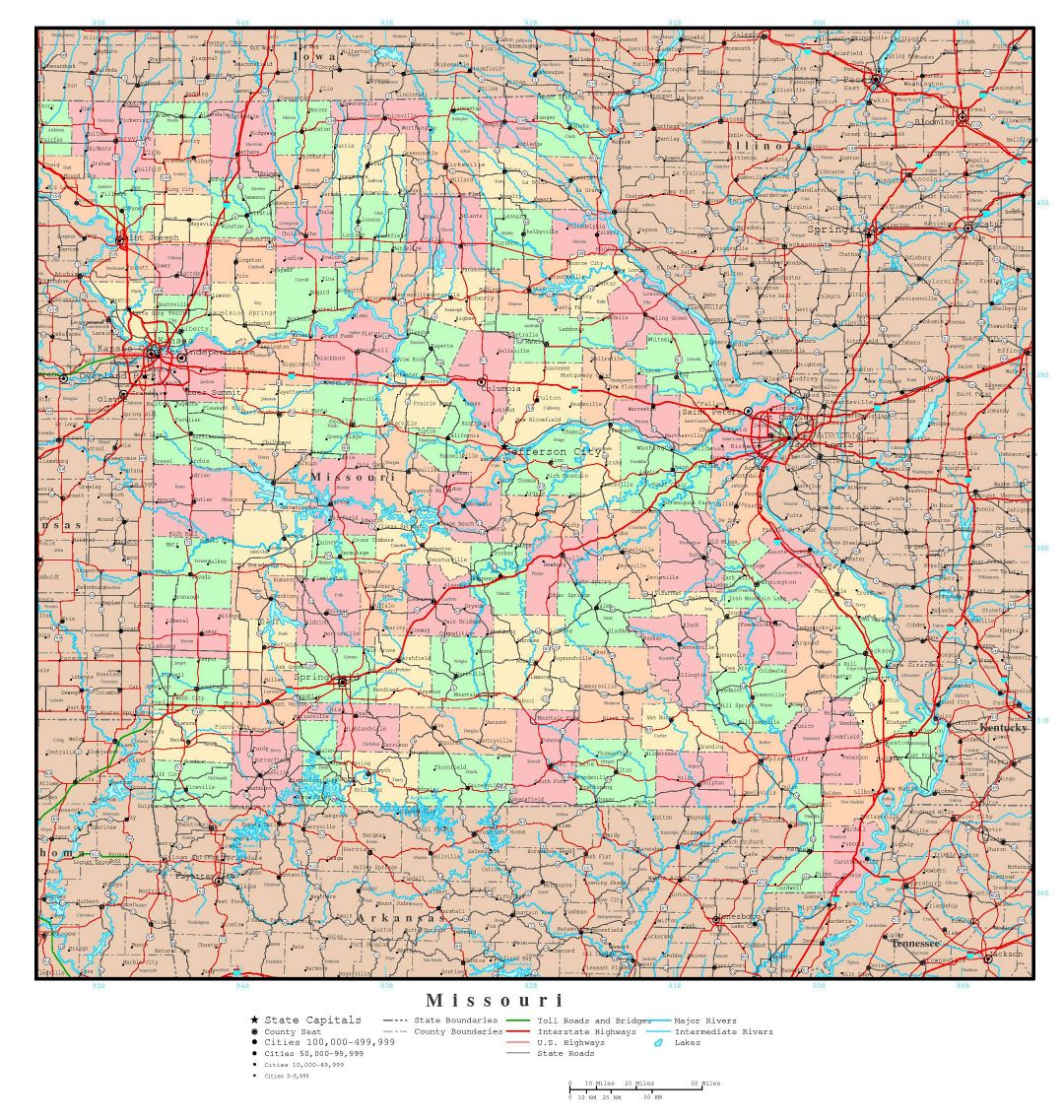 Large detailed administrative map of Missouri state with roads, highways and major cities