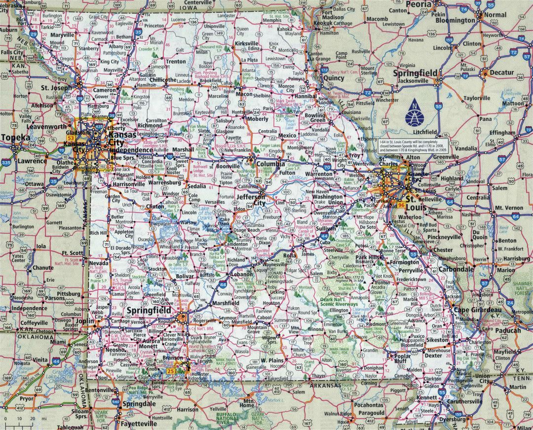 Large detailed roads and highways map of Missouri state with all cities