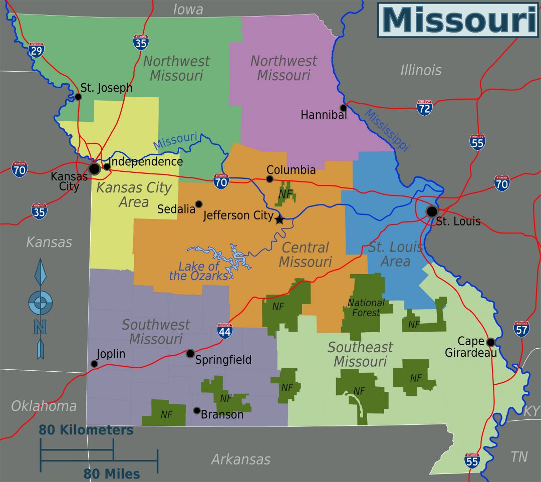 Large regions map of Missouri state